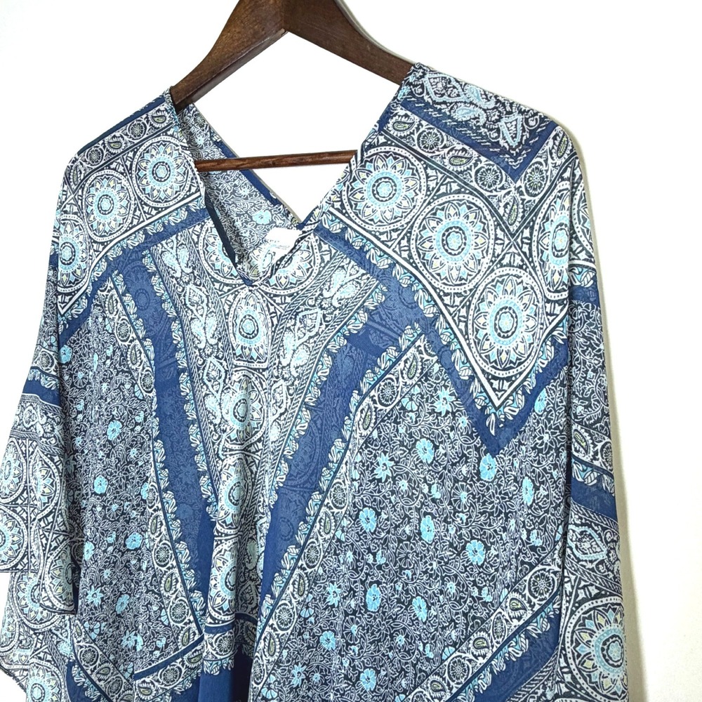 J. Jill Women Blue Medallion Paisley Sheer Poncho V-Neck One Size OS Cover Up